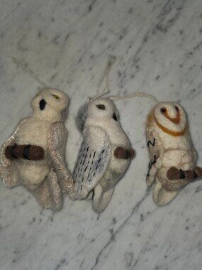 Set of 3 Needle Felted Owl Ornaments Handmade Wool Woodland Christmas Rustic